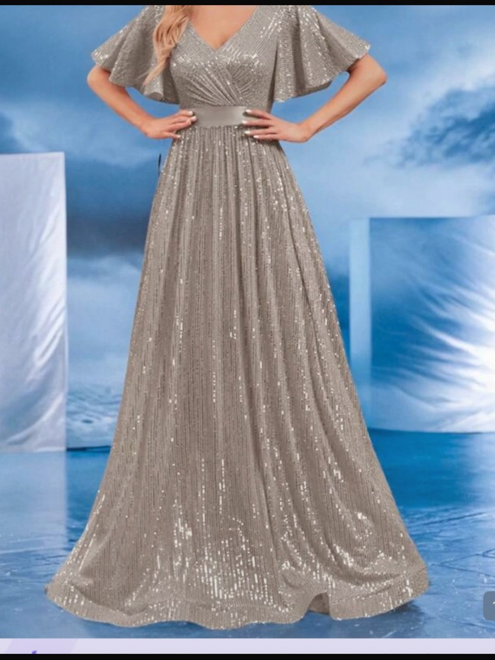 Sequin V-Neck Flutter Sleeve Evening Gown - Silver
